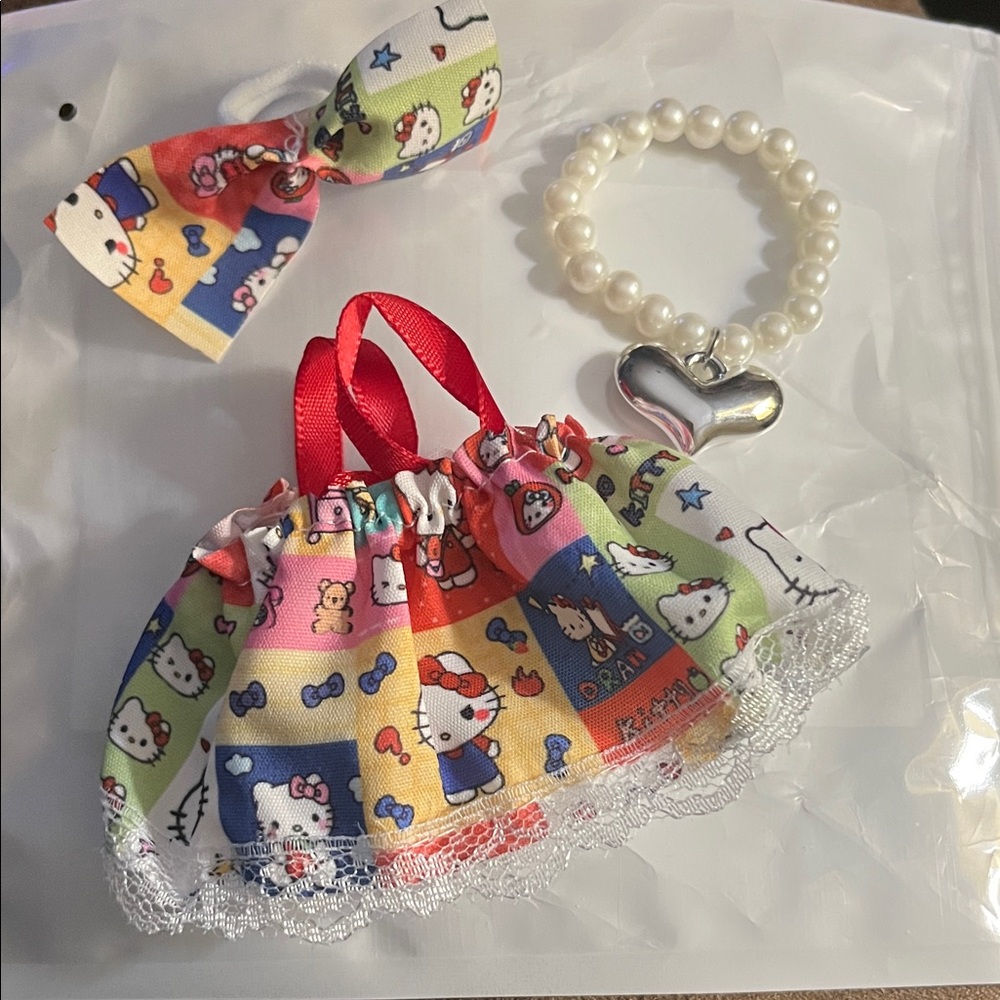 Labubu Hello Kitty Multicolor Dress Hairbow and Necklace Set